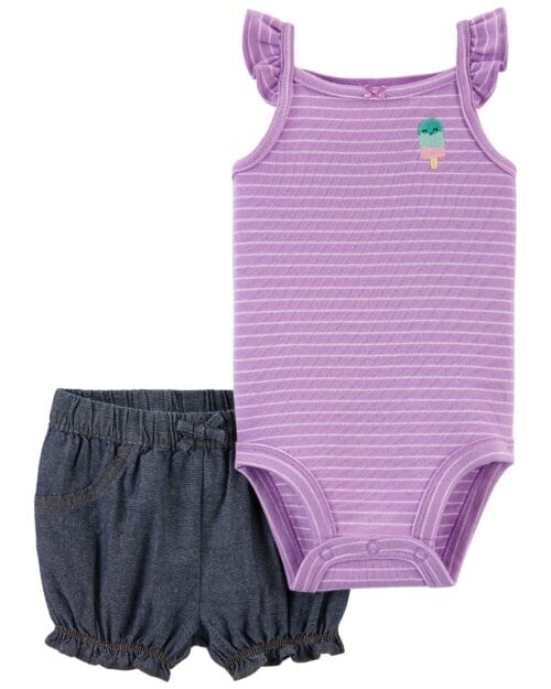 Set de 2 Piezas Pantalón Corto Y Bodie Lila A Rayas