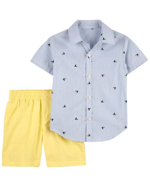 Set de 2 Piezas Pantalón Corto Amarillo Camisa Azul Estampada