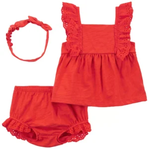 Set de 2 Piezas Pantalón Corto Y Blusa Roja Con Cintillo