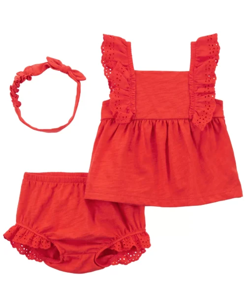 Set de 2 Piezas Pantalón Corto Y Blusa Roja Con Cintillo