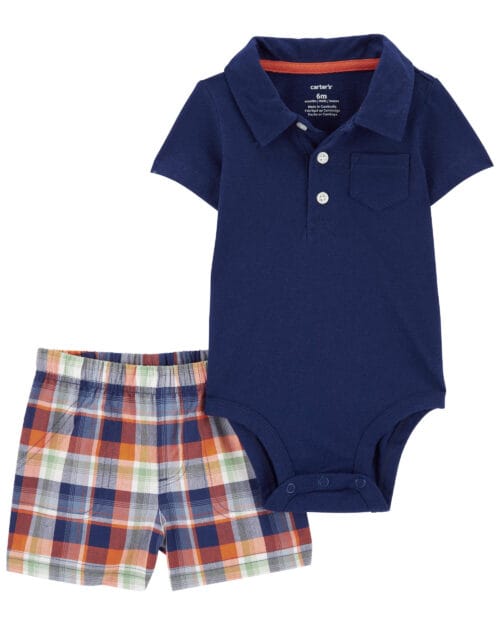 Set de 2 Piezas Pantalón Corto A Cuadros Y Bodie Tipo Polo