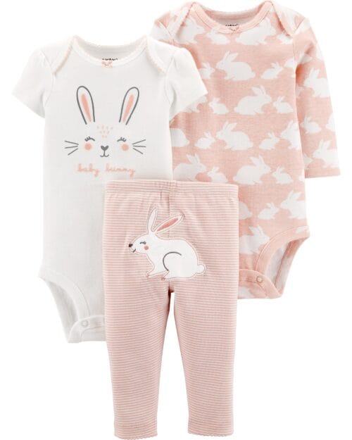 Set de 3 Piezas Pantalón Largo Y Bodies Blanco Y Rosado