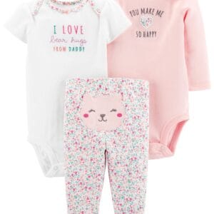 Set de 3 Piezas Pantalón Largo Y Bodies Blanco Y Rosado I Love