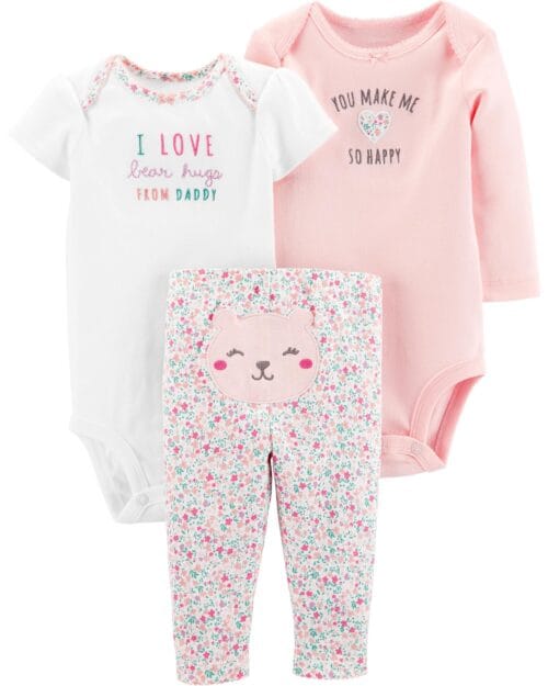 Set de 3 Piezas Pantalón Largo Y Bodies Blanco Y Rosado I Love