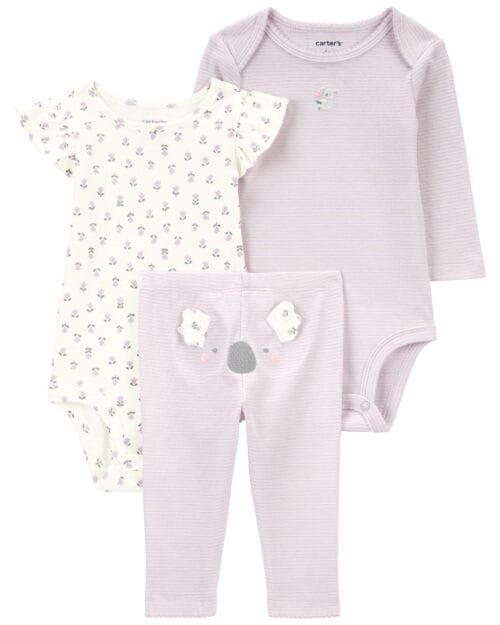 Set de 3 Piezas Pantalón Y Bodies Estampados Koala Y Flores