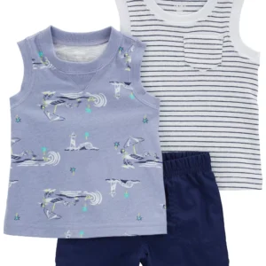 Set de 3 Piezas Pantalón Y Camisillas Tono Azul