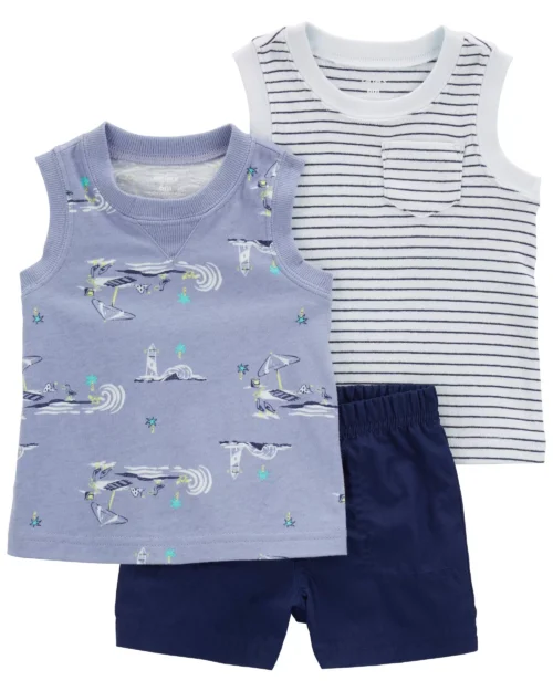 Set de 3 Piezas Pantalón Y Camisillas Tono Azul